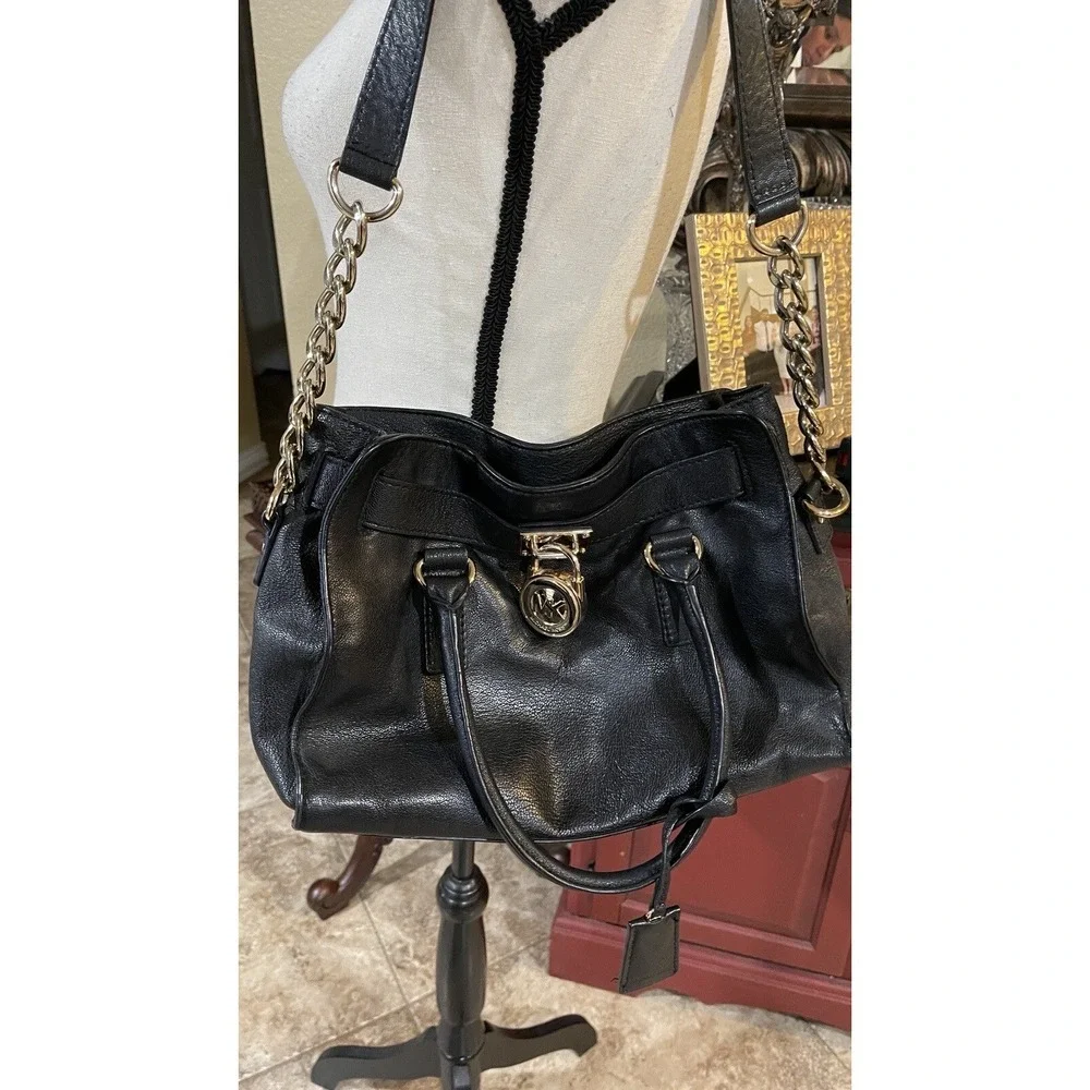 Michael Kors Hamilton Black Leather Satchel Tote‎ Chain Shoulder Bag Gold